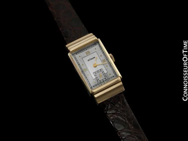 1945 Jaeger-LeCoultre Vintage Mens Rectangular Watch, Art Deco Hooded Lugs - 14K Gold