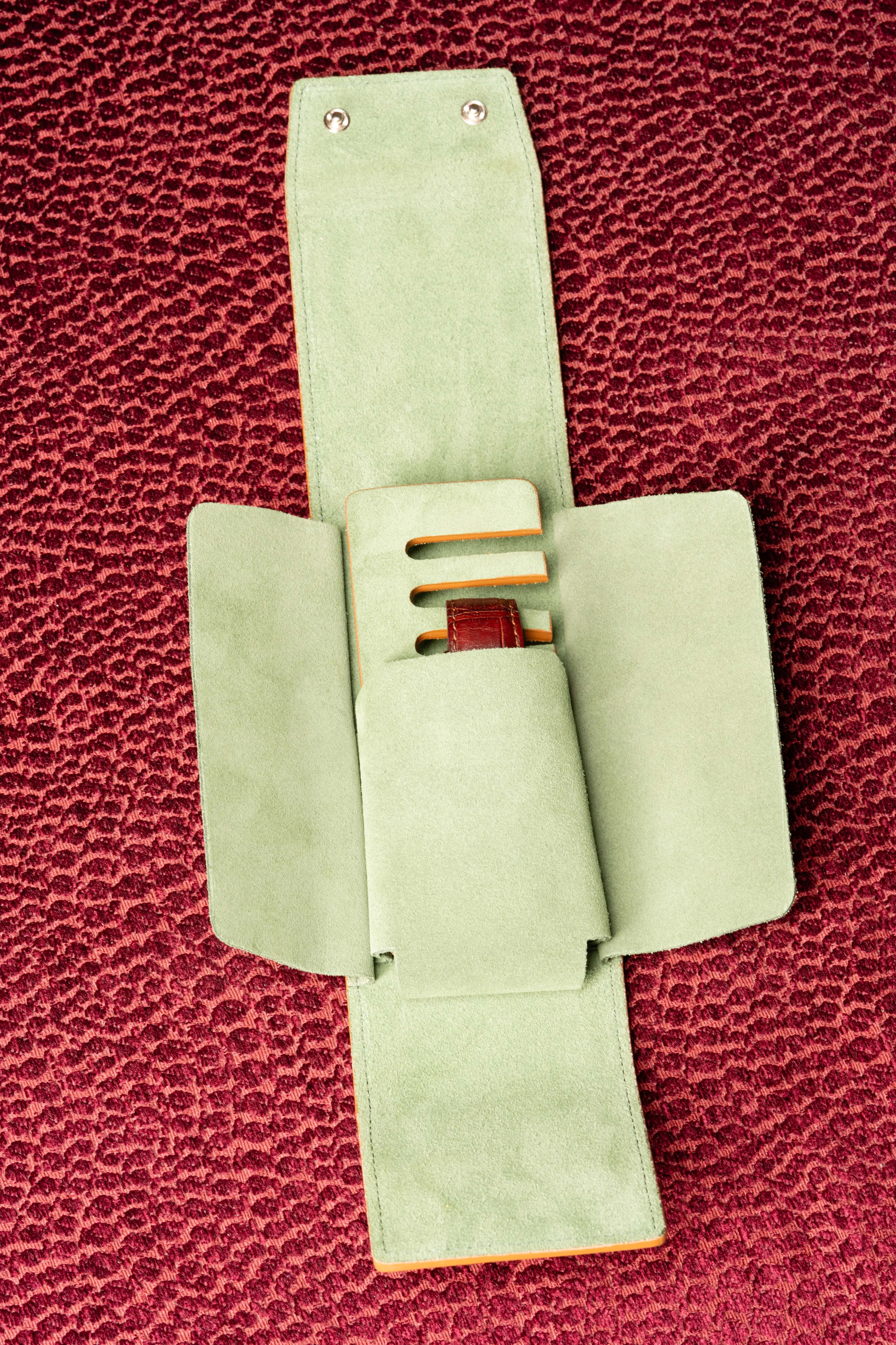 2-Watch Vintage Gold & Sage Green Suede Leather Watch Case