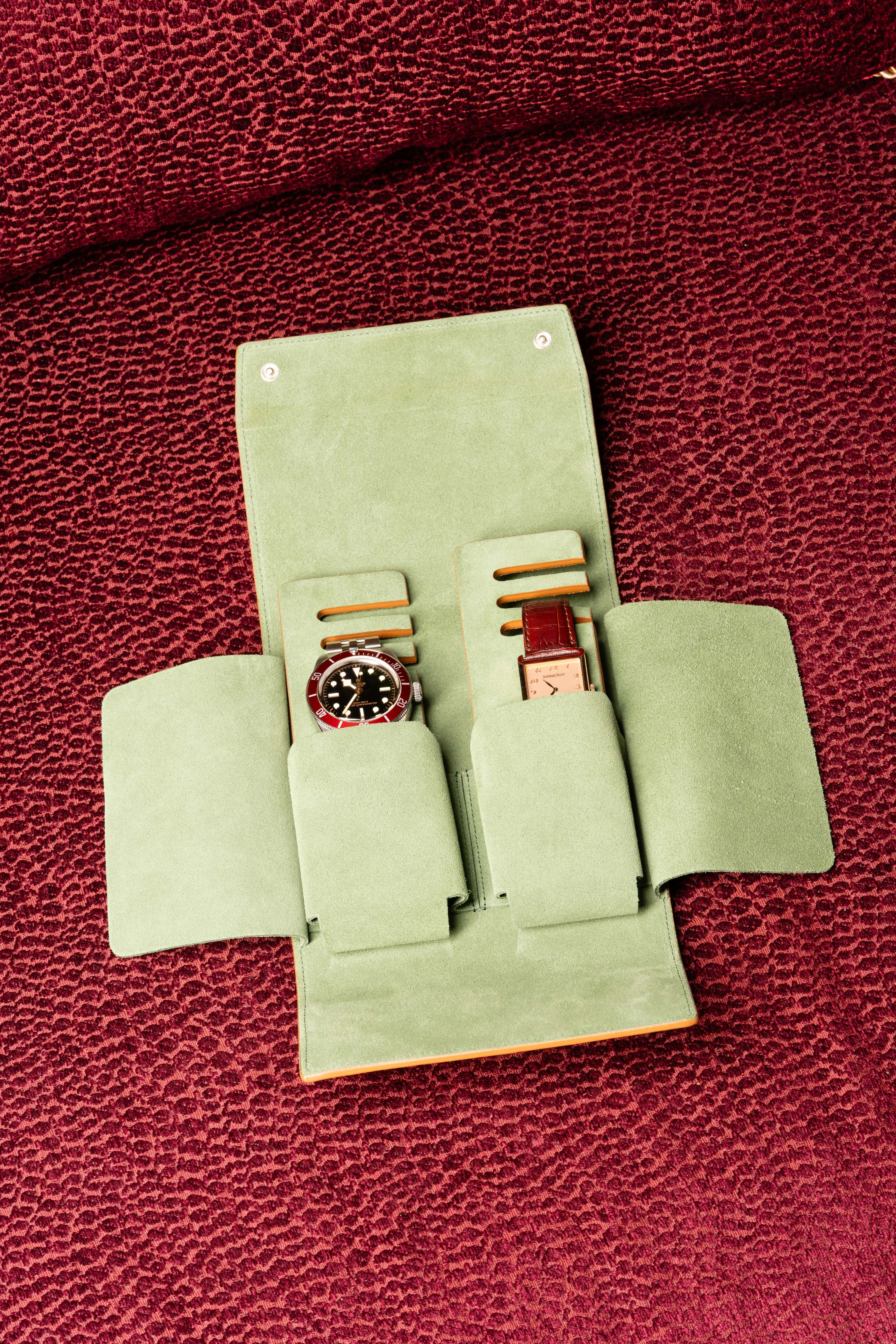 2-Watch Vintage Gold & Sage Green Suede Leather Watch Case