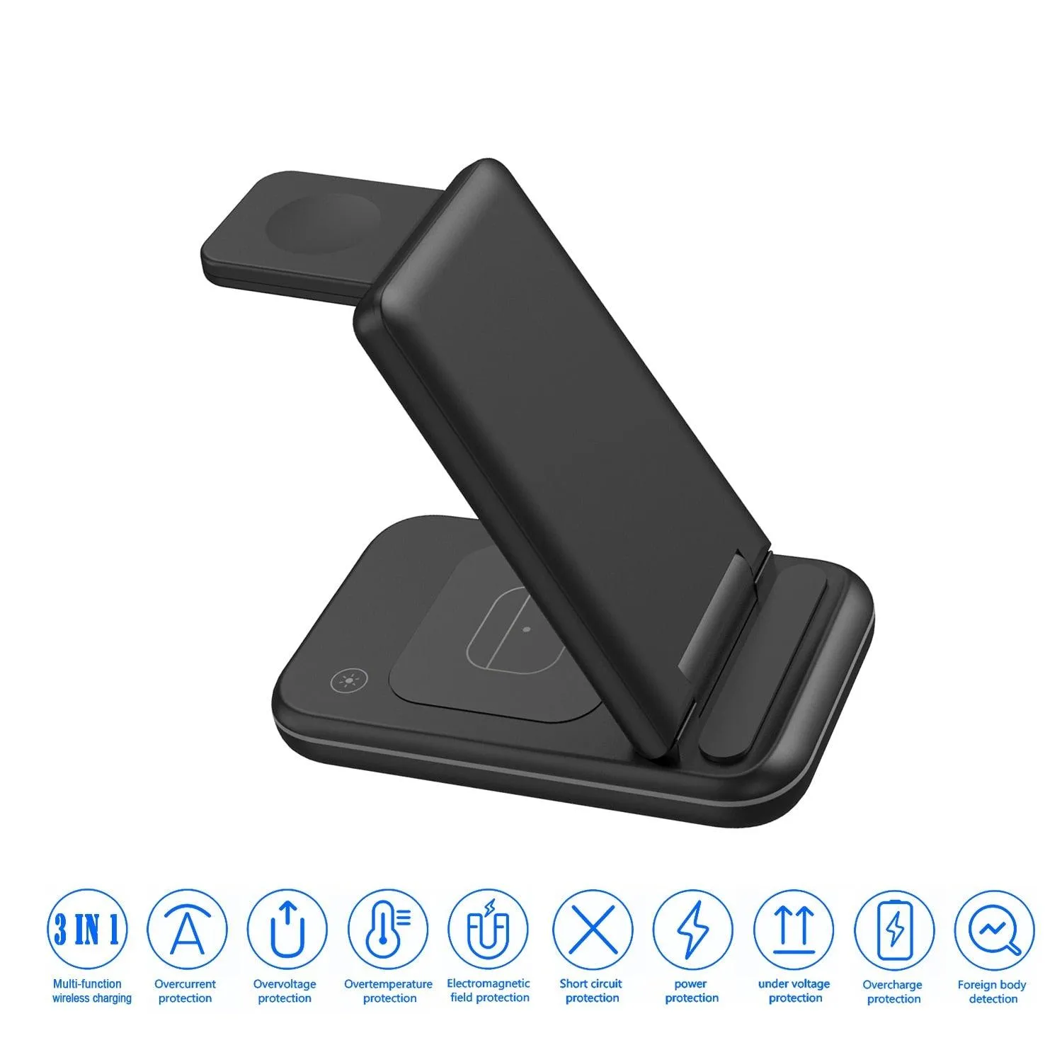 3 in 1 Foldable Wireless Charger, 15W Fast Charging Station Stand Power Adapter Included