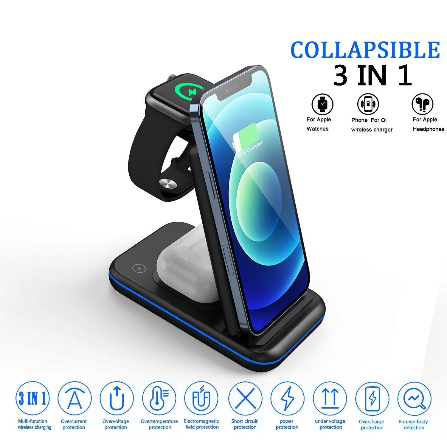 3 in 1 Foldable Wireless Charger, 15W Fast Charging Station Stand Power Adapter Included