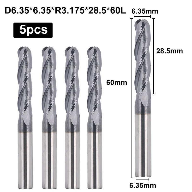 3BNC05, 1/4" Shank, 2-3/8" Overall Length, End Mills CNC Router Bits, Tungsten Carbide with TiAlN Coating, 3-Flute ball Nose, For Aluminum, Metal, Plastic, MDF & Wood