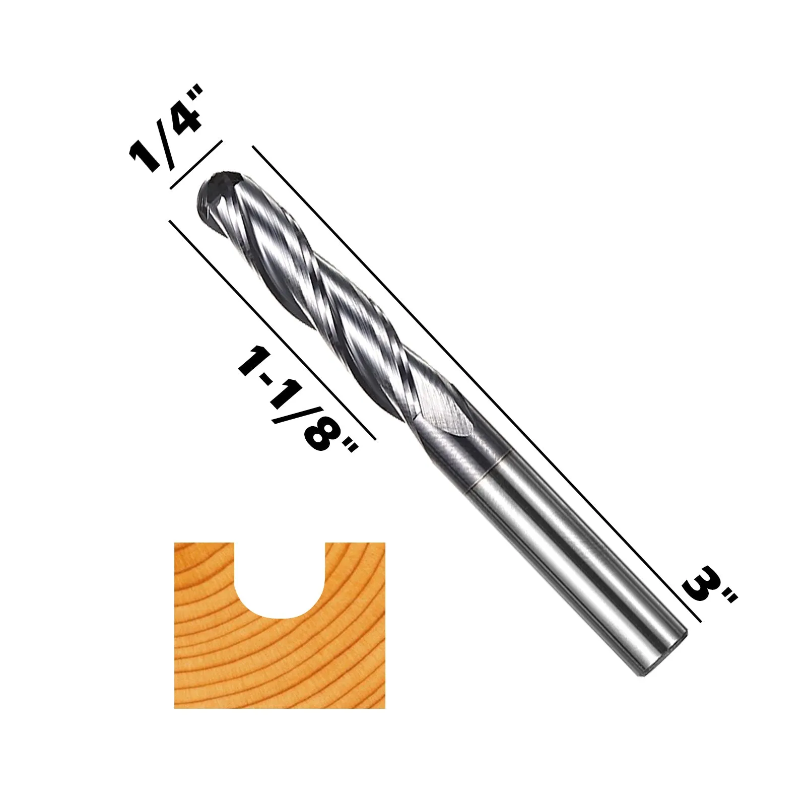 3BNC05, 1/4" Shank, 2-3/8" Overall Length, End Mills CNC Router Bits, Tungsten Carbide with TiAlN Coating, 3-Flute ball Nose, For Aluminum, Metal, Plastic, MDF & Wood