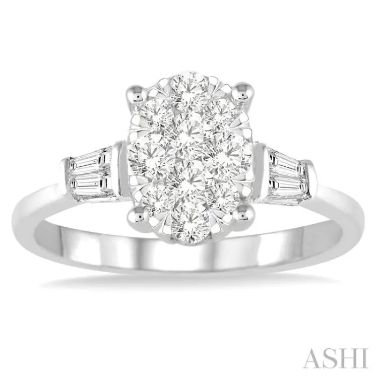 5/8 ctw Oval Shape Lovebright Baguette and Round Cut Diamond Cluster Ring in 14K White Gold