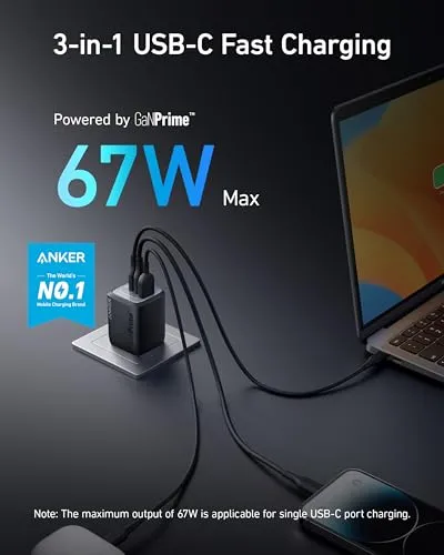 Anker Prime 67W USB C Charger, Anker GaN 3-Port Compact Fast PPS Wall Charger, For MacBook Pro/Air, Pixelbook, iPad Pro, iPhone 15/14/Pro, Galaxy S23/S22, Note20, Pixel, Apple Watch