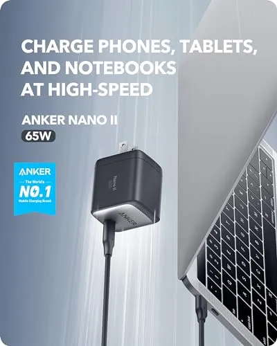 Anker USB C Charger, 715 Charger (Nano II 65W), GaN II PPS Fast Compact Foldable Charger for MacBook Pro, Galaxy, Dell, iPhone 15, iPad Pro, and More