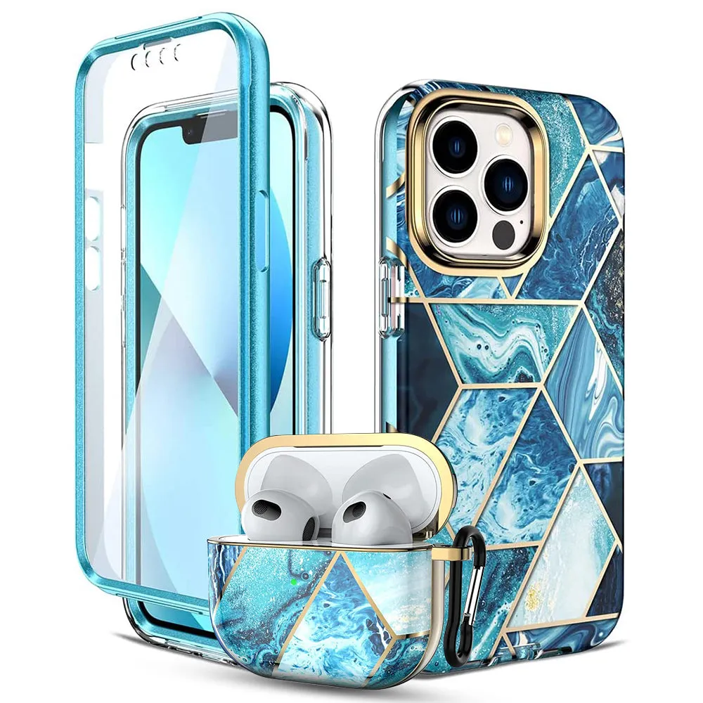 Apple iPhone 13 Pro Max Case  Air Pods 3rd Generation Case | Marble Shockproof Bumper Stylish Slim Phone Cases | Blue