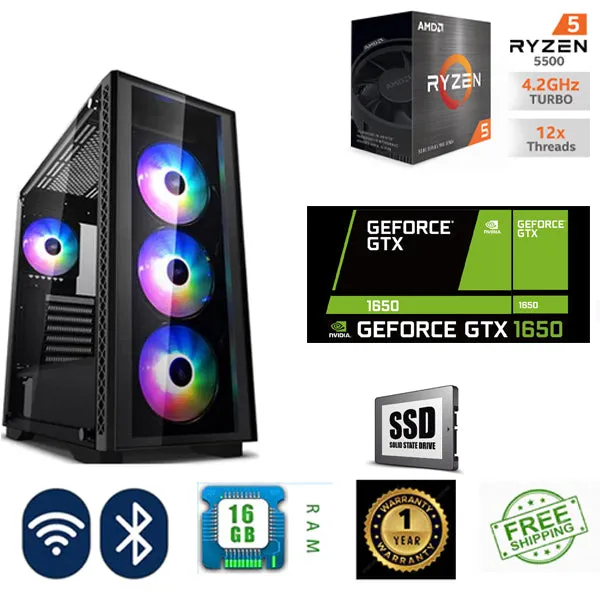 Brand New Gaming PC Ryzen 5 5500 16GB RAM 240GB SSD GTX 1650 4GB Graphics Card Wi-Fi and Bluetooth Ready Windows 10 Loaded