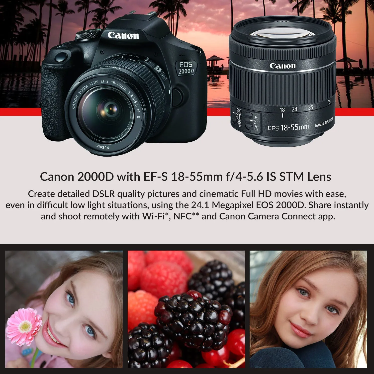 Canon EOS 2000D (Rebel t7) DSLR Camera and EF-S 18-55 mm f/3.5-5.6 IS III Lens   75-300mm Telephoto Zoom Lens   64GB Memory Card