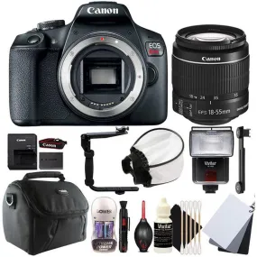 Canon EOS Rebel T7 DSLR Camera   18-55mm Lens   Vivitar SF-4000 Bounce Slave Flash   Flash Diffuser   White Balance Grey Cards   Case   Flash Bracket   Rechargeable AA Batteries   Lens Pen   Dust Blower   3pc Cleaning Kit