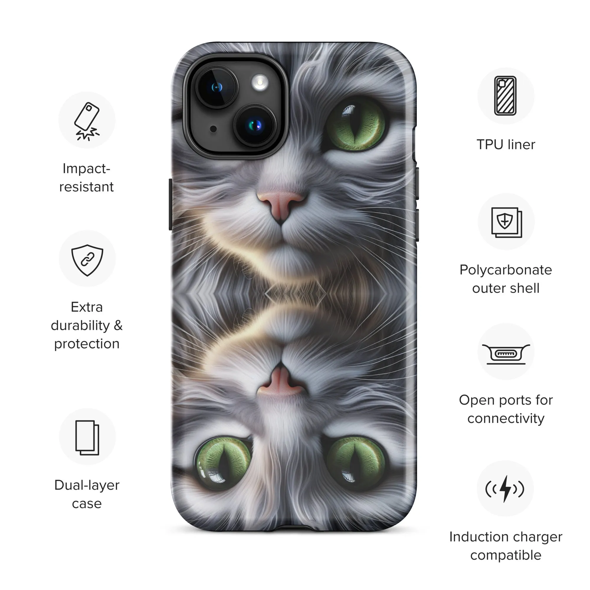 Cat Eyes iPhone Case | Dual-Layer Protection | Polycarbonate & TPU | Impact-Resistant | Wireless Charging Compatible