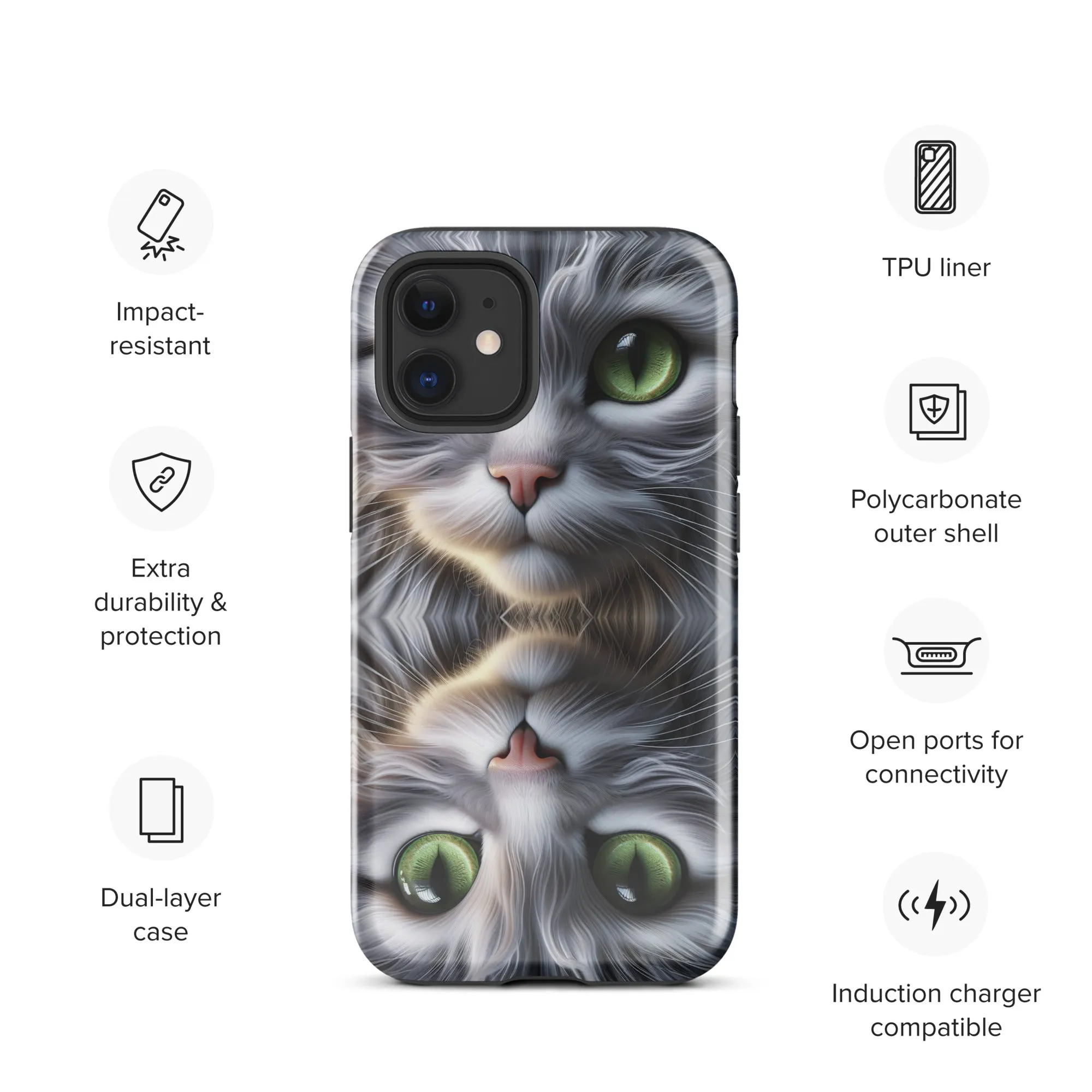 Cat Eyes iPhone Case | Dual-Layer Protection | Polycarbonate & TPU | Impact-Resistant | Wireless Charging Compatible