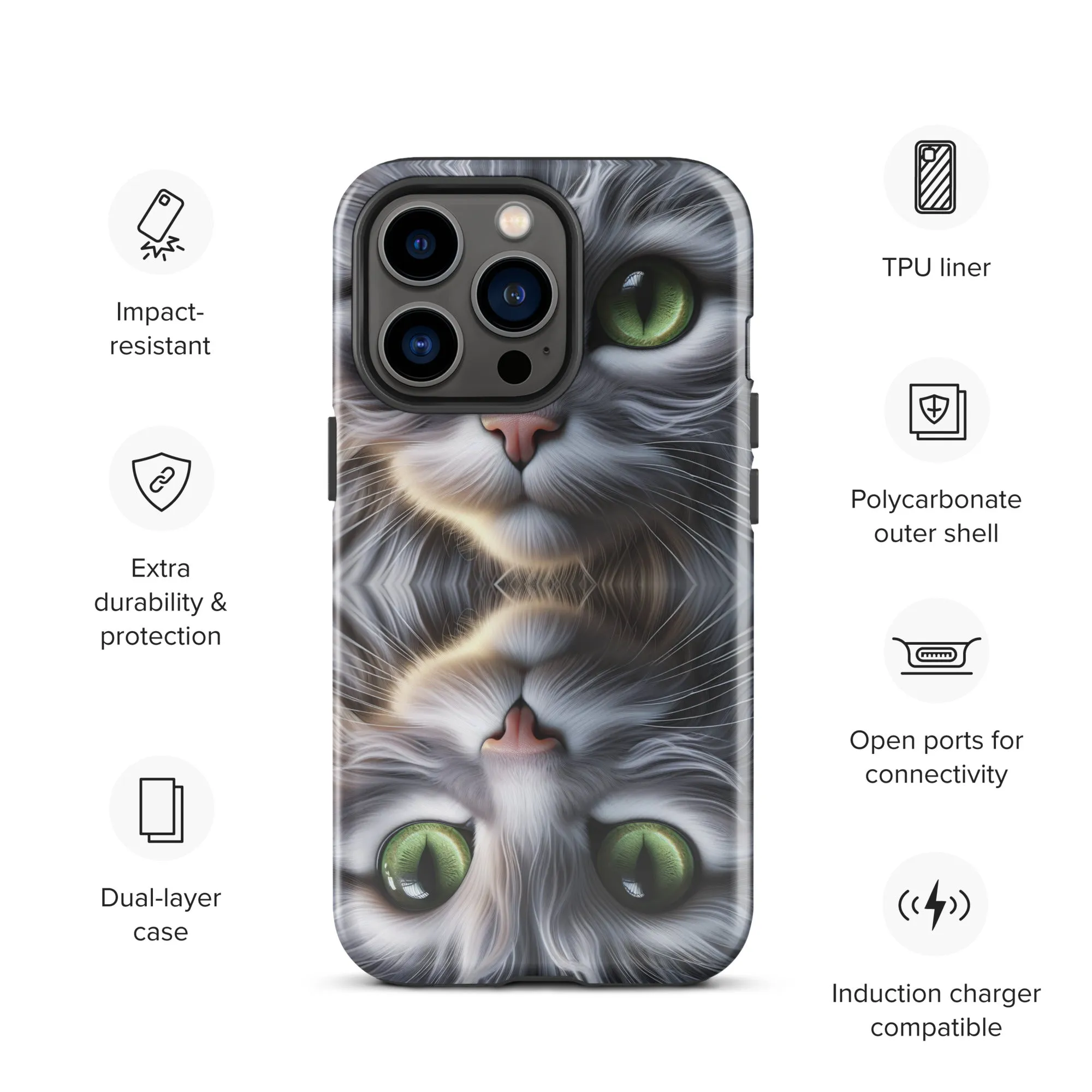 Cat Eyes iPhone Case | Dual-Layer Protection | Polycarbonate & TPU | Impact-Resistant | Wireless Charging Compatible