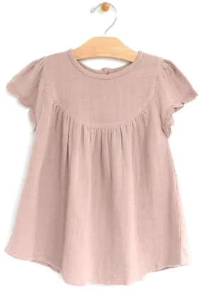 City Mouse Lace Flutter Sleeve Muslin S/S Dress - Dusty Mauve