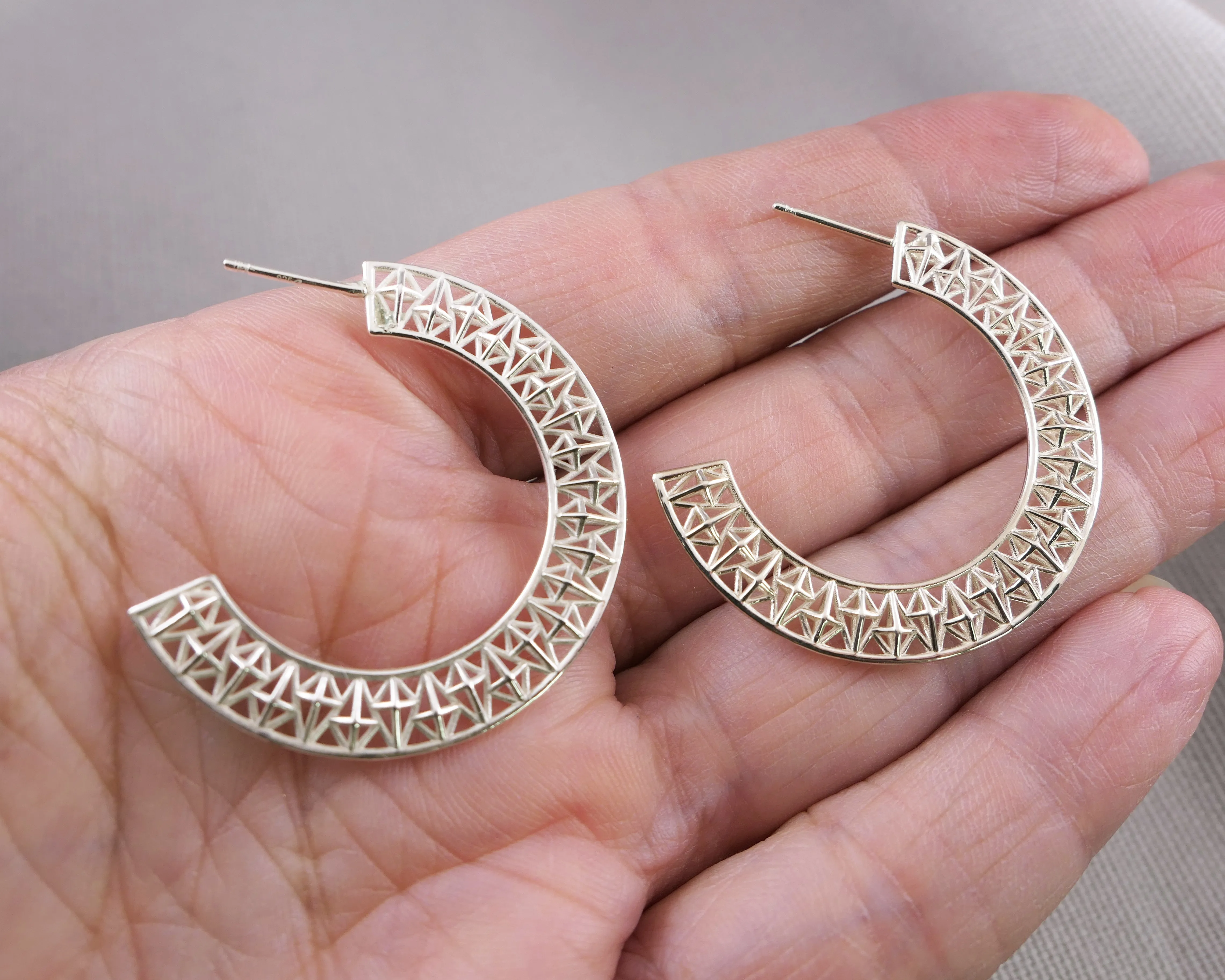 Contemporary Geometric Hoops, Sterling Silver