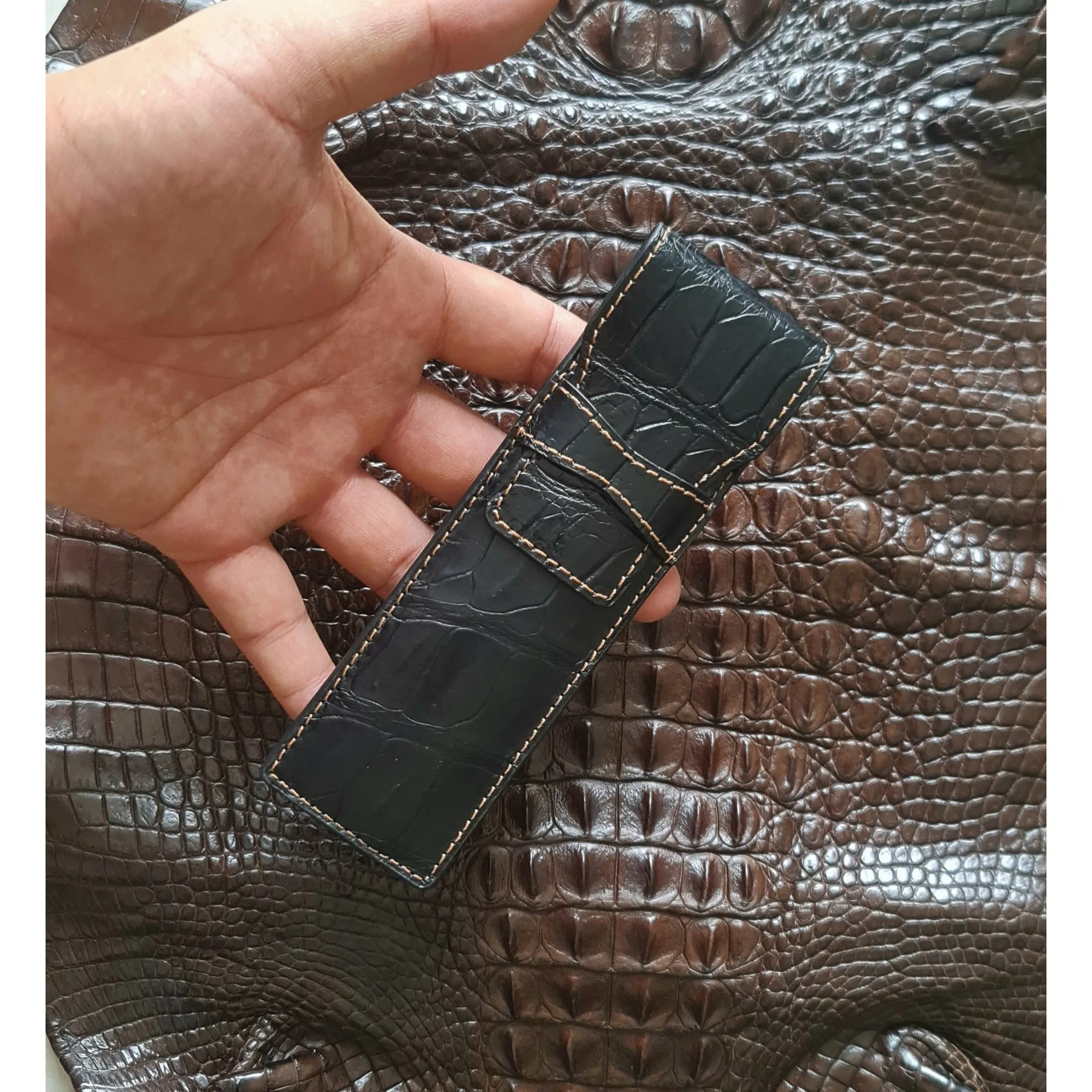 Crocodile Pen Case Alligator Leather Pen Sleeve Holder Pouch for Two Pen Fountain Handmade