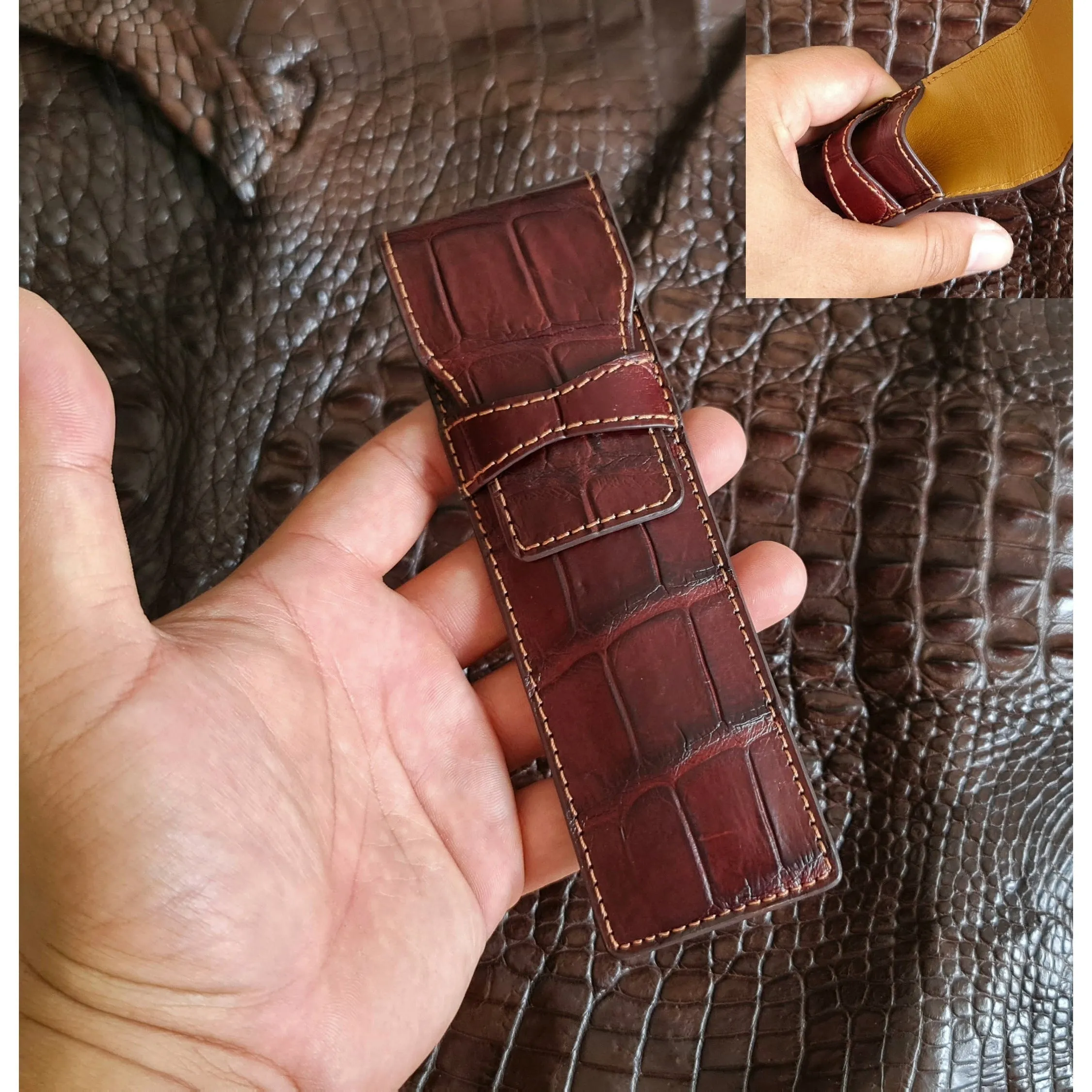 Crocodile Pen Case Alligator Leather Pen Sleeve Holder Pouch for Two Pen Fountain Handmade