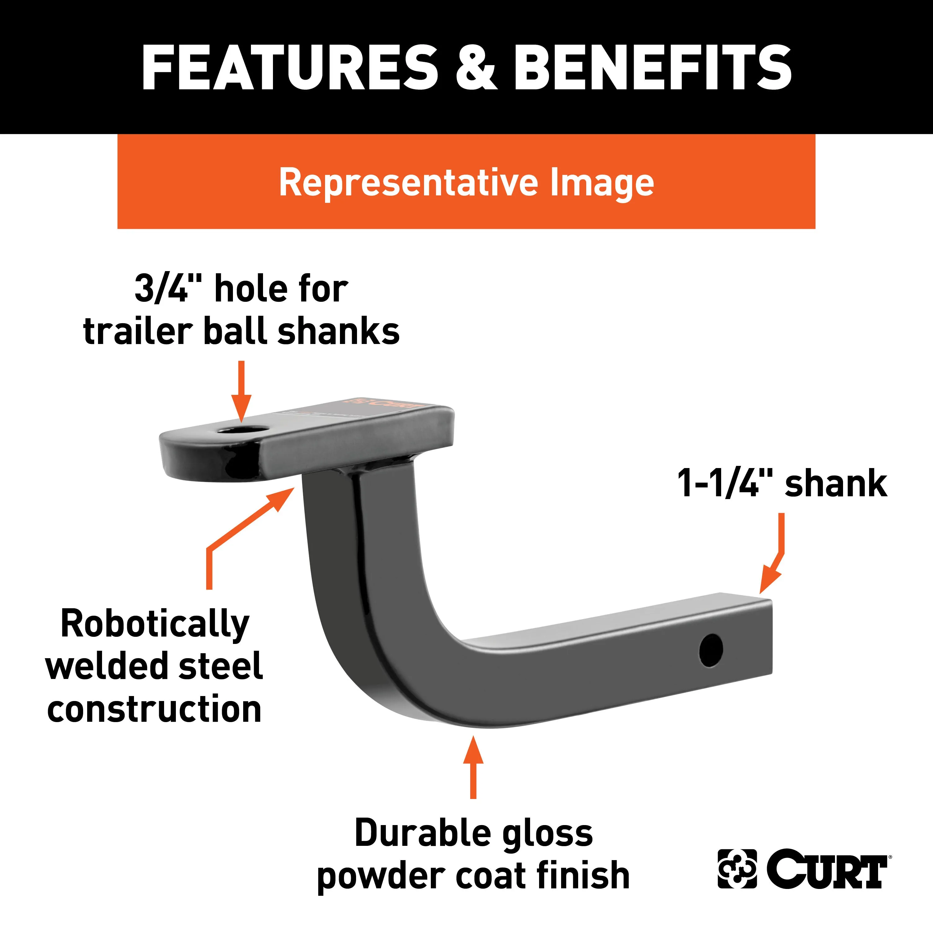 CURT 45021 Class 1 Ball Mount (1-1/4in. Shank; 2;000 lbs.; 3in. Rise; 9-1/2in. Long)