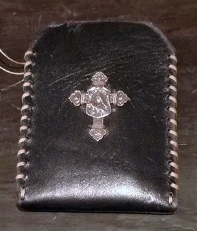 David Winter Black Leather Cell Phone Case with Sterling Silver Cross