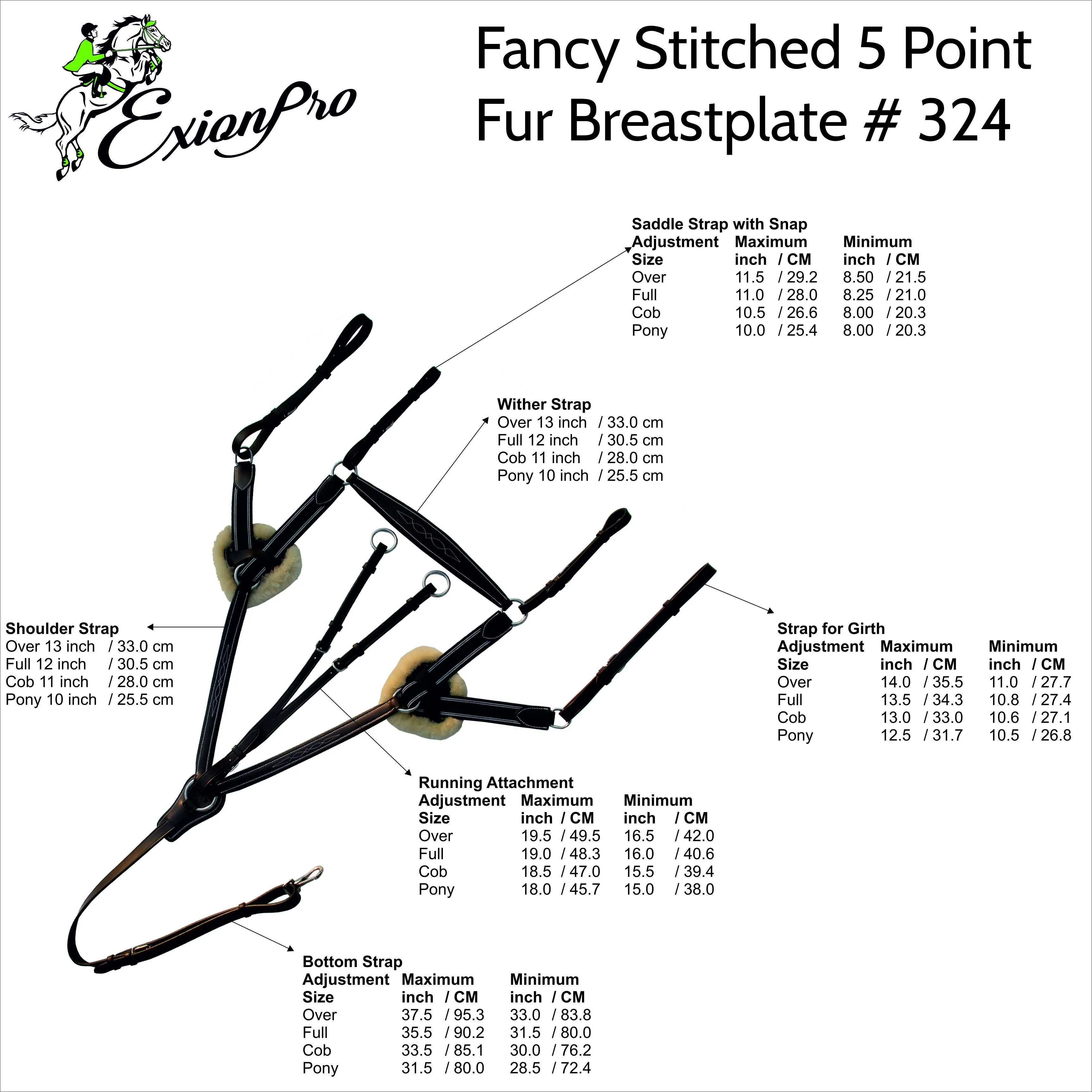 ExionPro 5 Point Breastplate with Running Attachment and Sheepskin Fur Padding - Green Elastic & White Lines