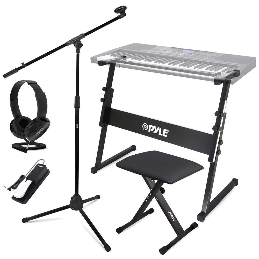 Heavy-Duty Keyboard Accessories - Includes Z Shape Keyboard Stand, Headset, Keyboard Stool, Microphone Stand, And Sustain Pedal (Black)