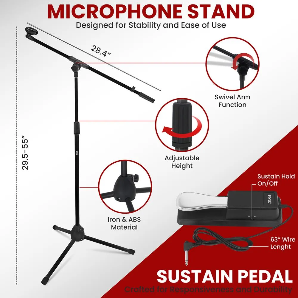 Heavy-Duty Keyboard Accessories - Includes Z Shape Keyboard Stand, Headset, Keyboard Stool, Microphone Stand, And Sustain Pedal (Black)