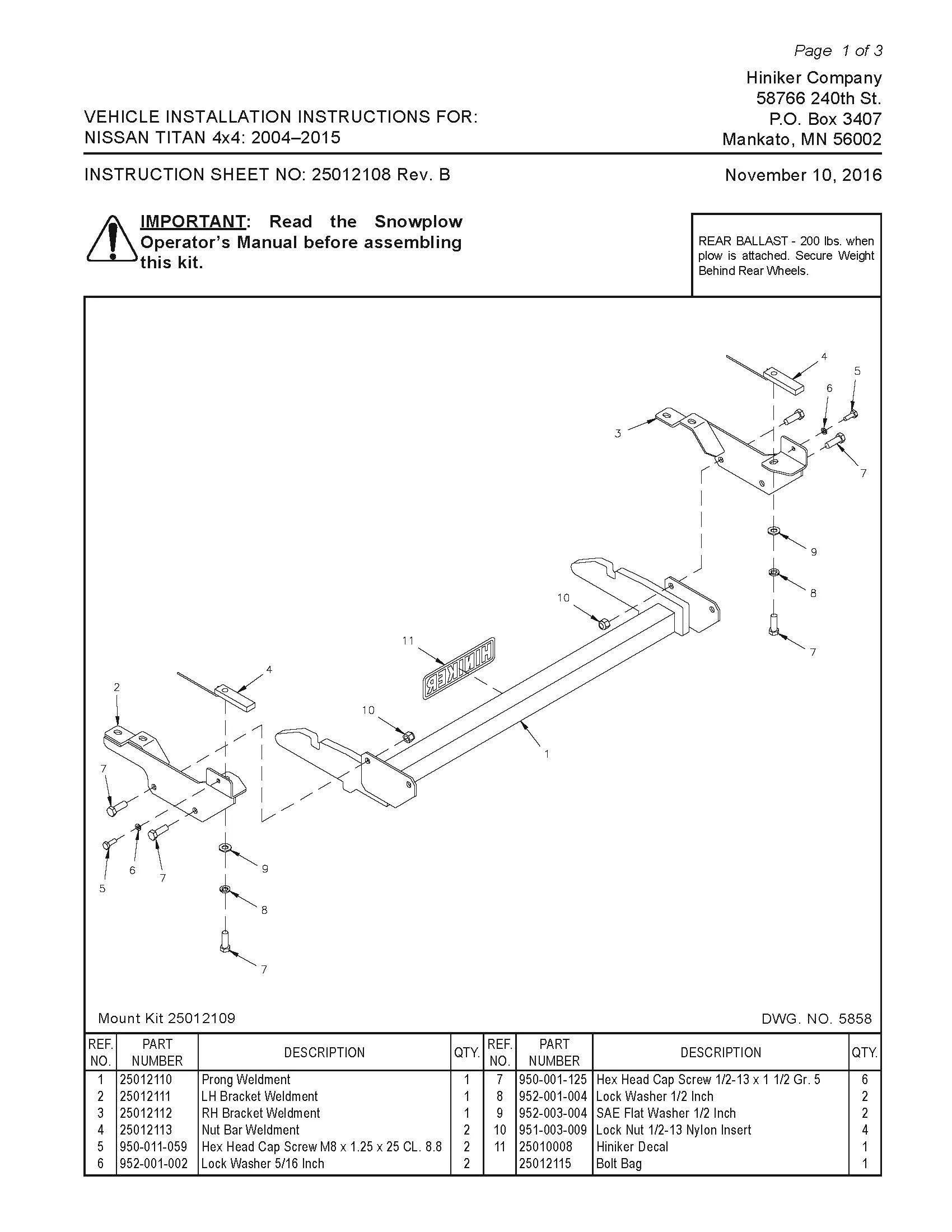 Hiniker Snowplow Mount - Quick Hitch 1 (QH1), 2004-2015 Nissan 4x4 Titan, 25012109