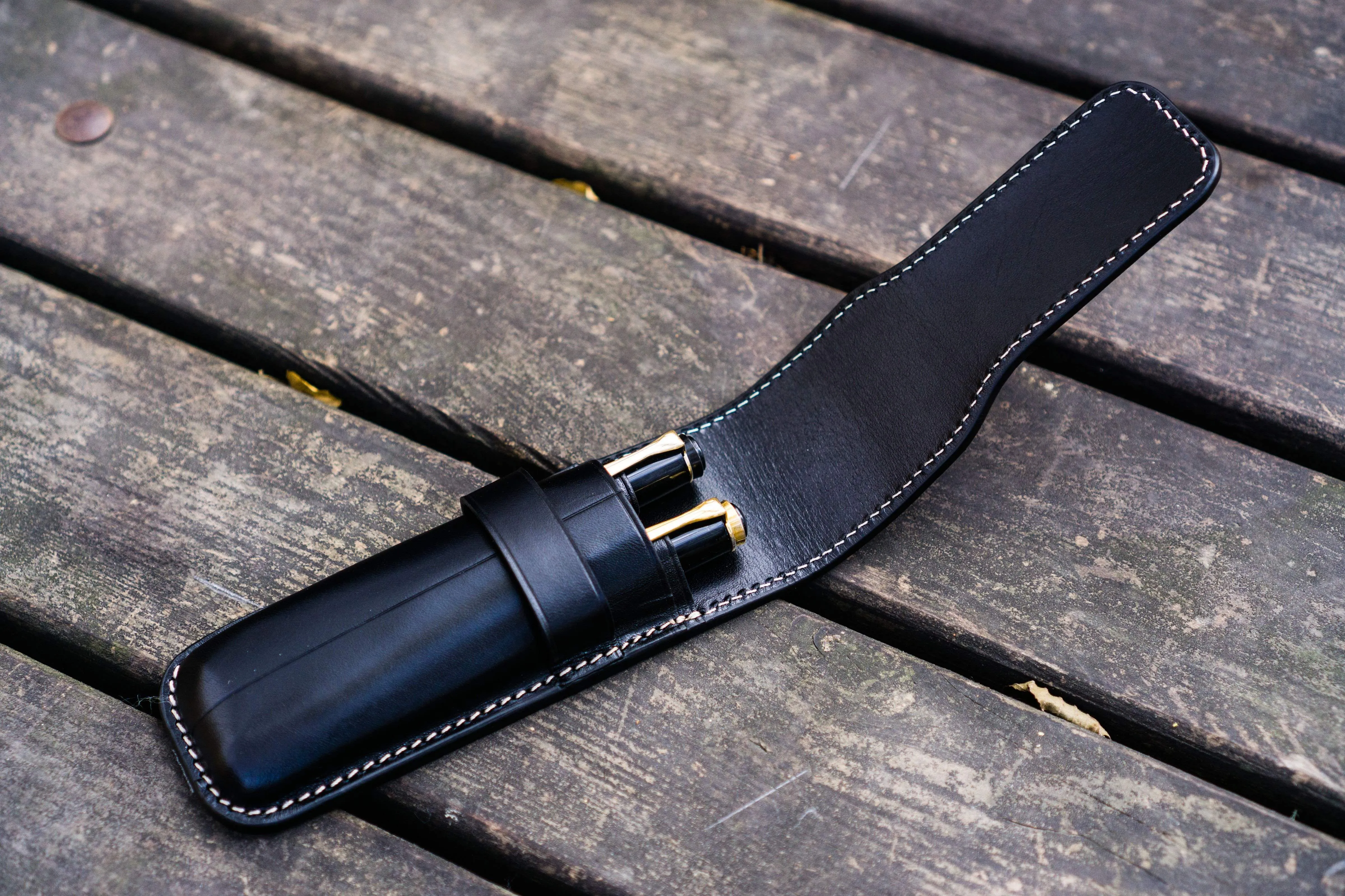 Leather Flap Pen Case for Two Pens - Black