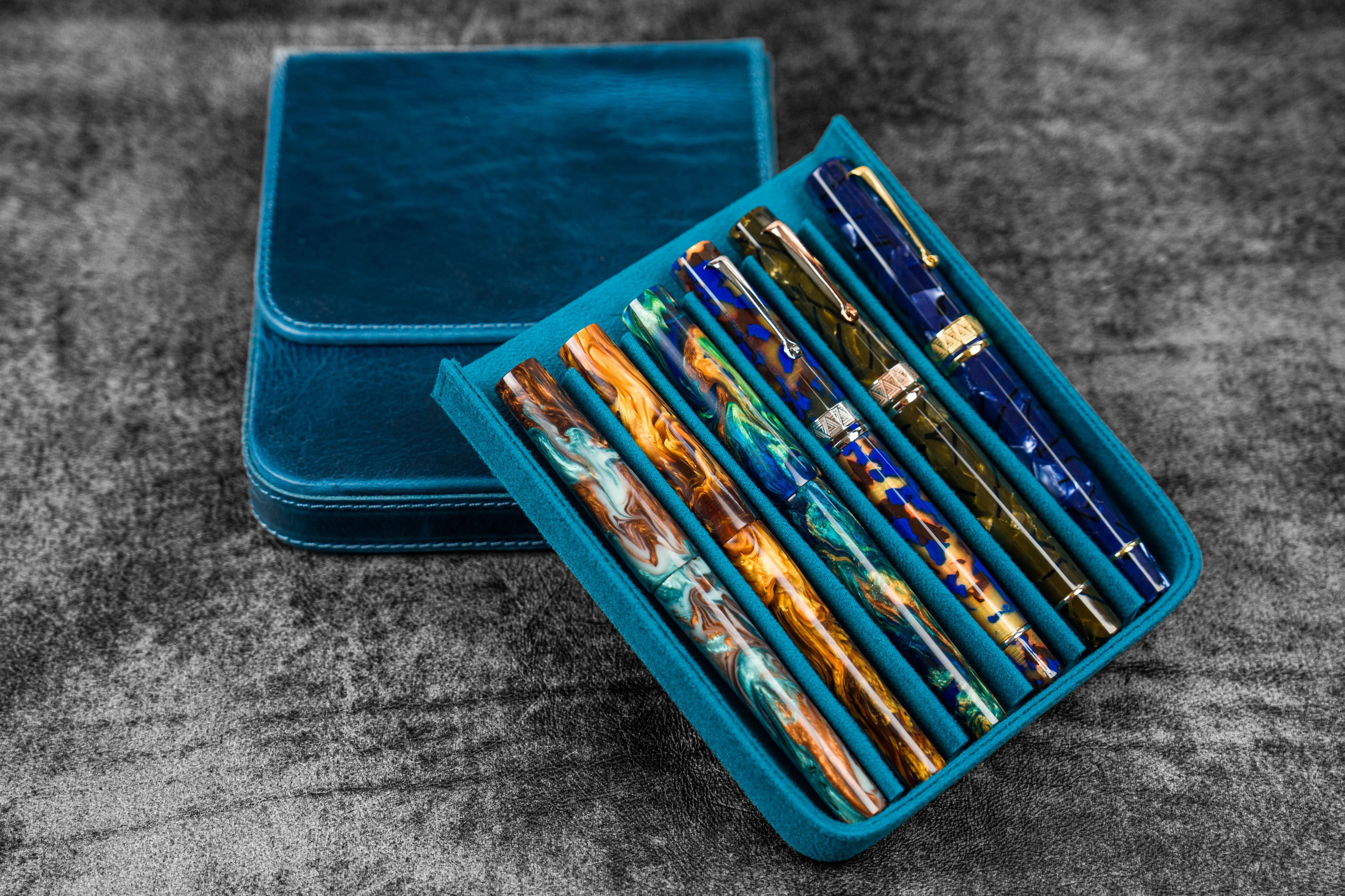 Leather Magnum Opus 6 Slots Hard Pen Case with Removable Pen Tray - C.H. Ocean Blue