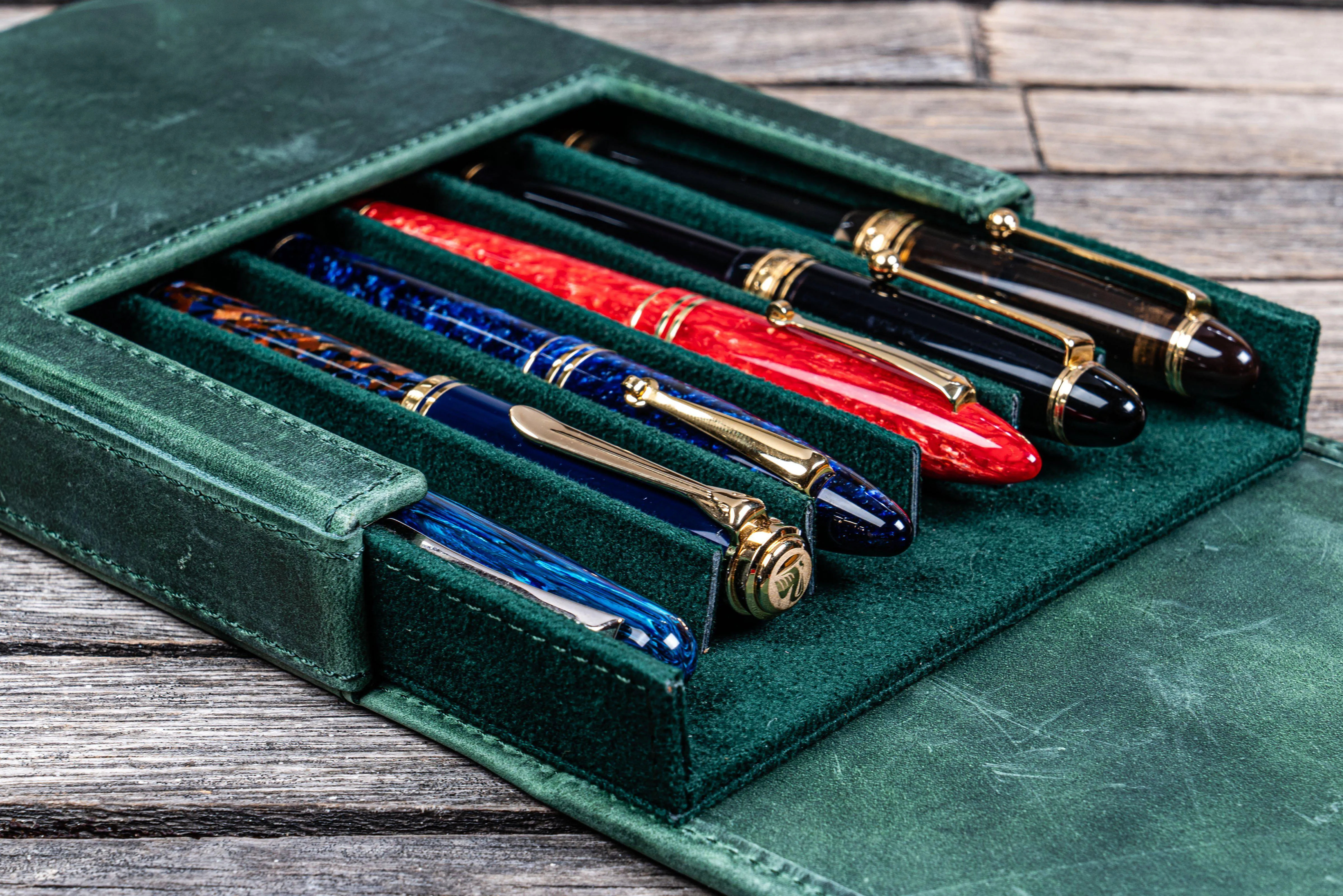 Leather Magnum Opus 6 Slots Hard Pen Case with Removable Pen Tray - Crazy Horse Forest Green