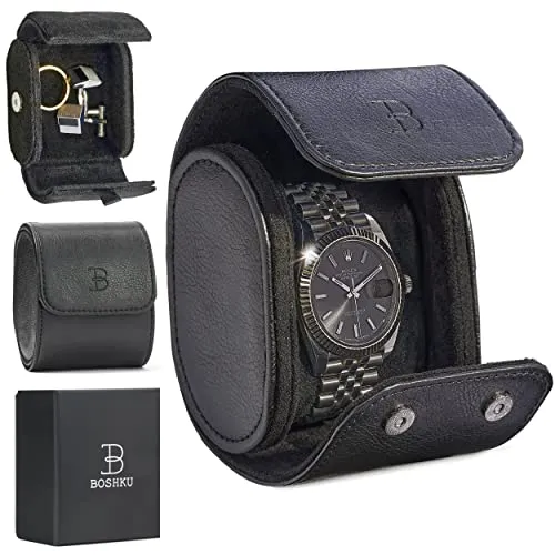 Leather Watch Roll Travel Case for Men Single Watch Case Black