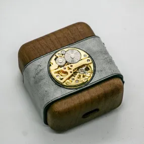 Leather Wood AirPods 1,2 Case with Gold Watch Movement Handmade Custom Leather AirPods 1,2 Case Airpod Case Cover