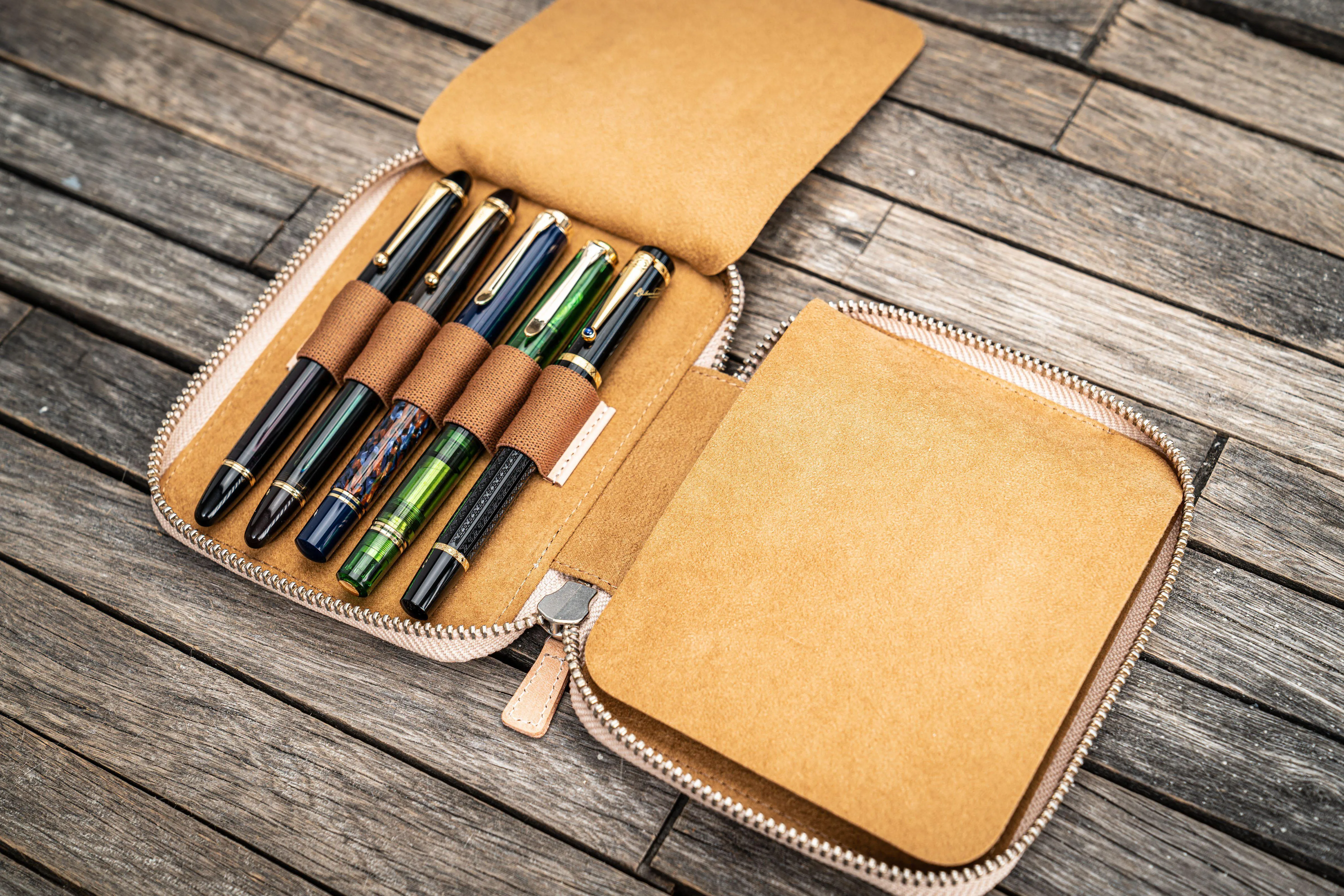 Leather Zippered 10 Slots Pen Case - Undyed Leather