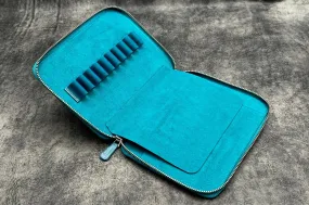 Leather Zippered 10 Slots Pen Case with A5 Notebook Holder - C. H. Ocean Blue