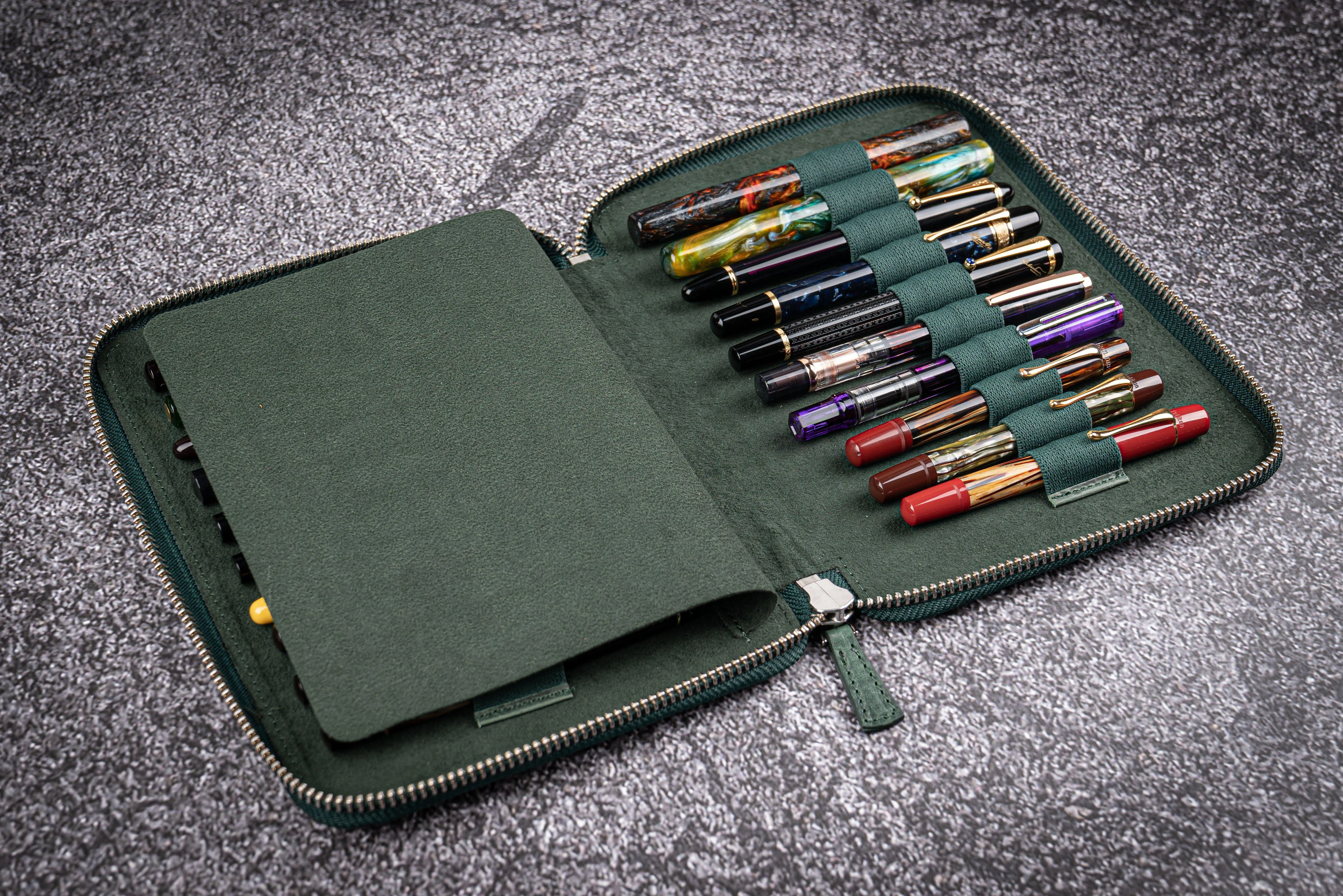 Leather Zippered 20 Slots Pen Case - Crazy Horse Forest Green