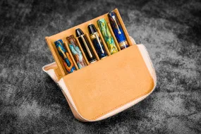 Leather Zippered Magnum Opus 6 Slots Hard Pen Case with Removable Pen Tray - Undyed Leather