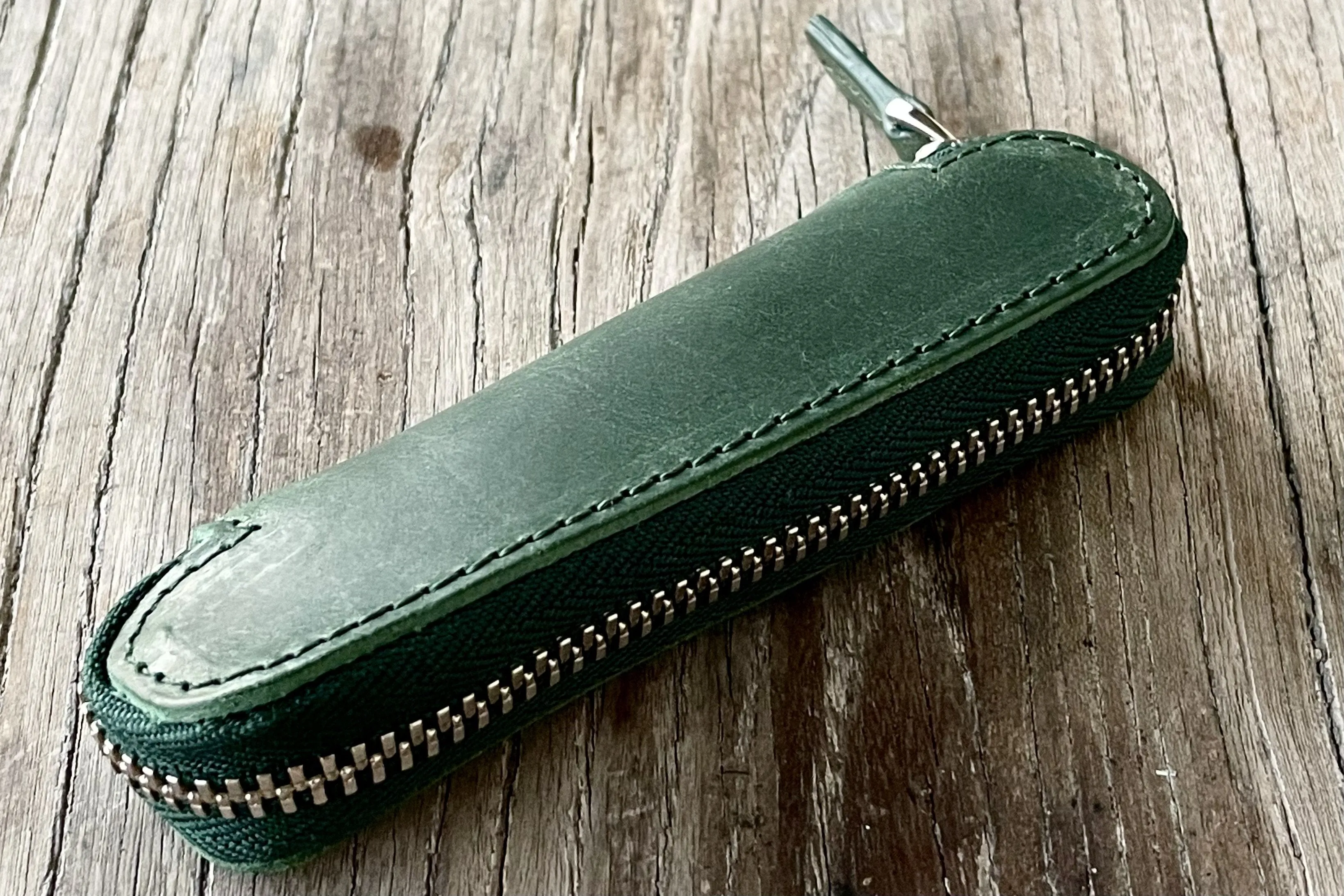 Leather Zippered Single Pen Case for Kaweco - Pocket Pen - Crazy Horse Forest Green