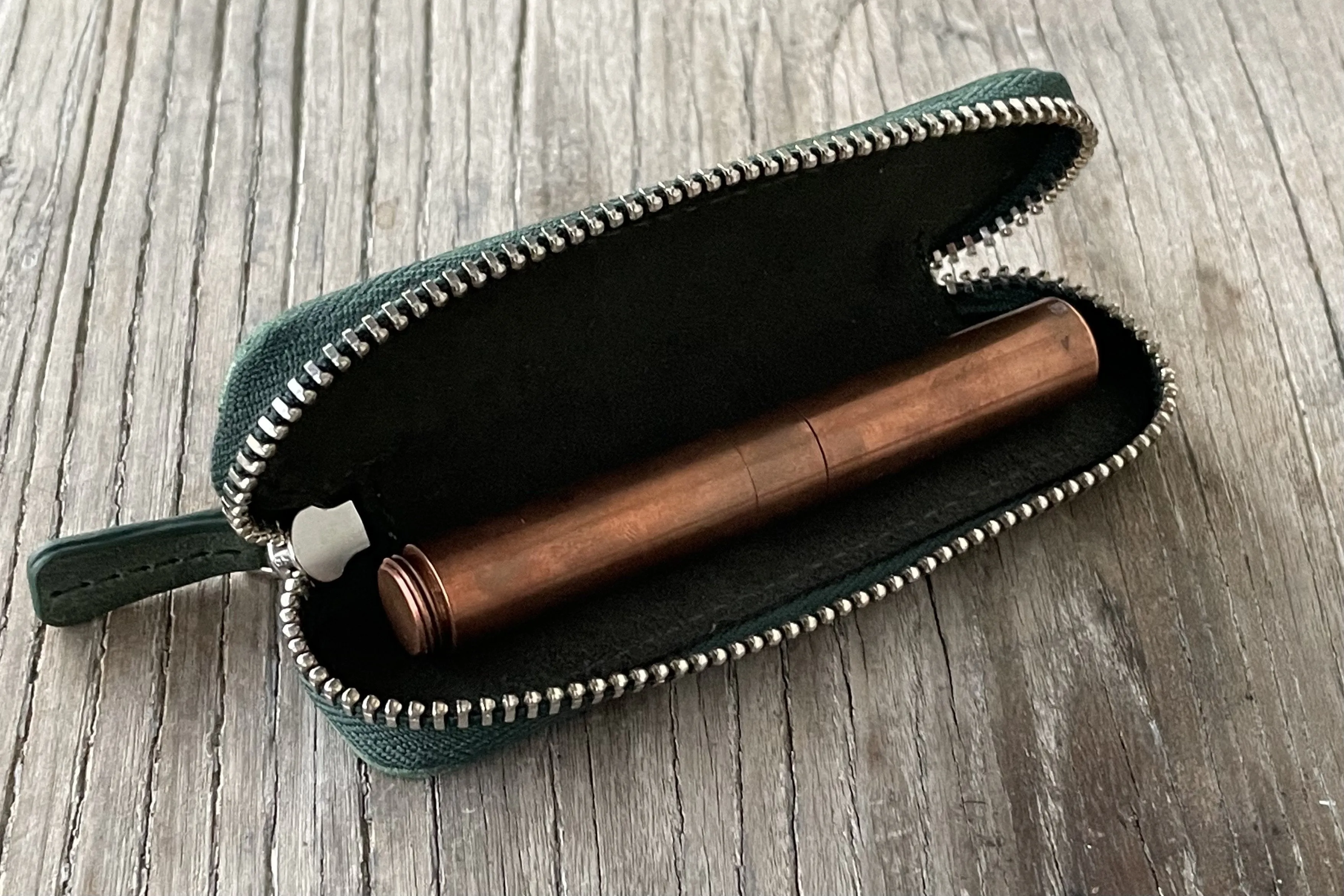 Leather Zippered Single Pen Case for Kaweco - Pocket Pen - Crazy Horse Forest Green