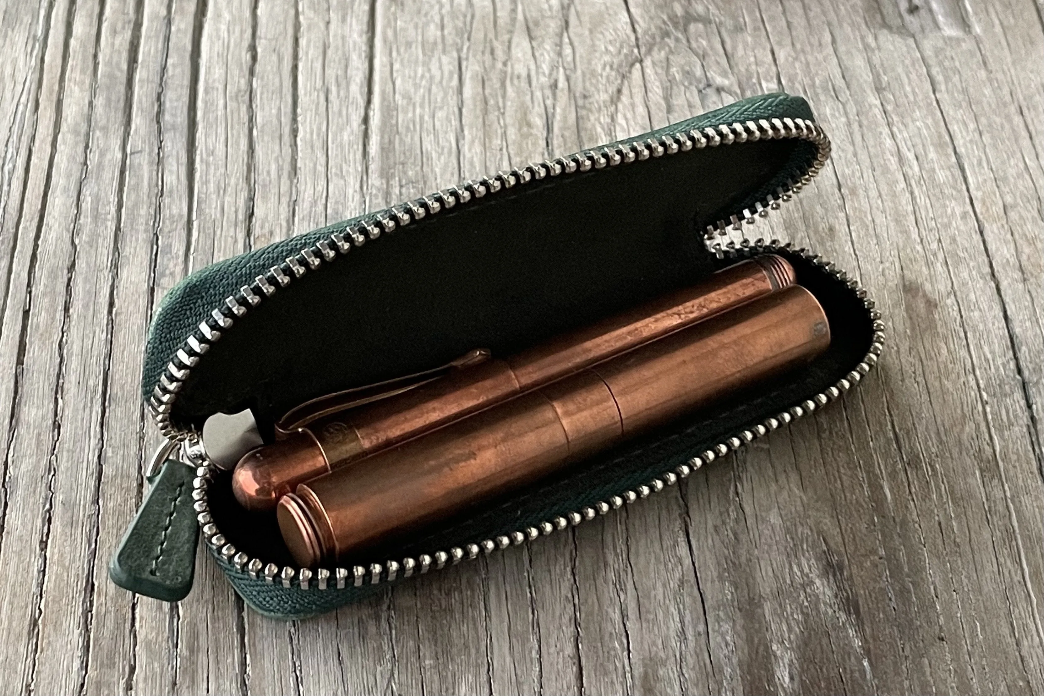 Leather Zippered Single Pen Case for Kaweco - Pocket Pen - Crazy Horse Forest Green