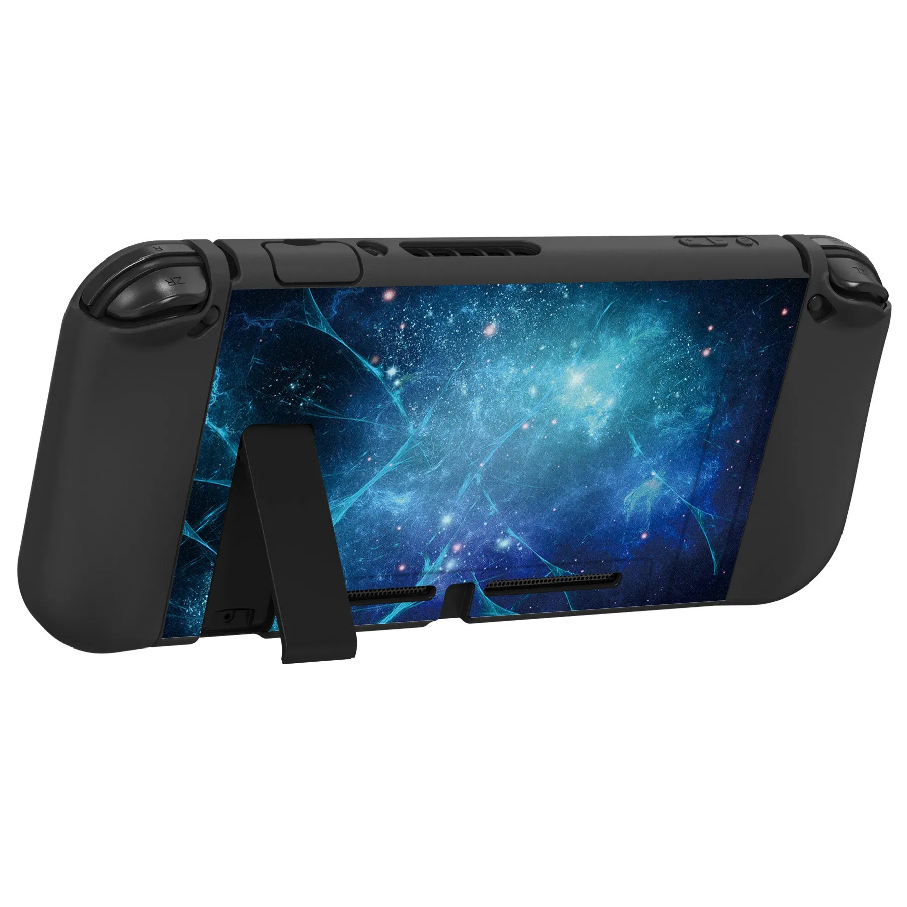 PlayVital ZealProtect Soft Protective Case for Nintendo Switch, Flexible Cover Protector for Nintendo Switch with Tempered Glass Screen Protector & Thumb Grip Caps & ABXY Direction Button Caps - Blue Nebula - RNSYV6002