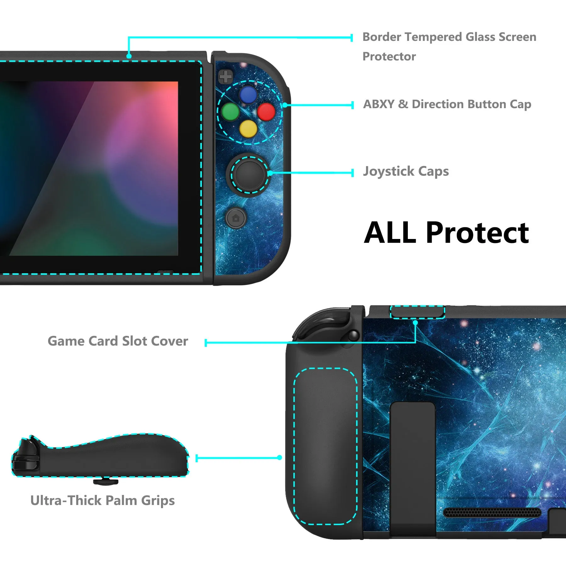 PlayVital ZealProtect Soft Protective Case for Nintendo Switch, Flexible Cover Protector for Nintendo Switch with Tempered Glass Screen Protector & Thumb Grip Caps & ABXY Direction Button Caps - Blue Nebula - RNSYV6002