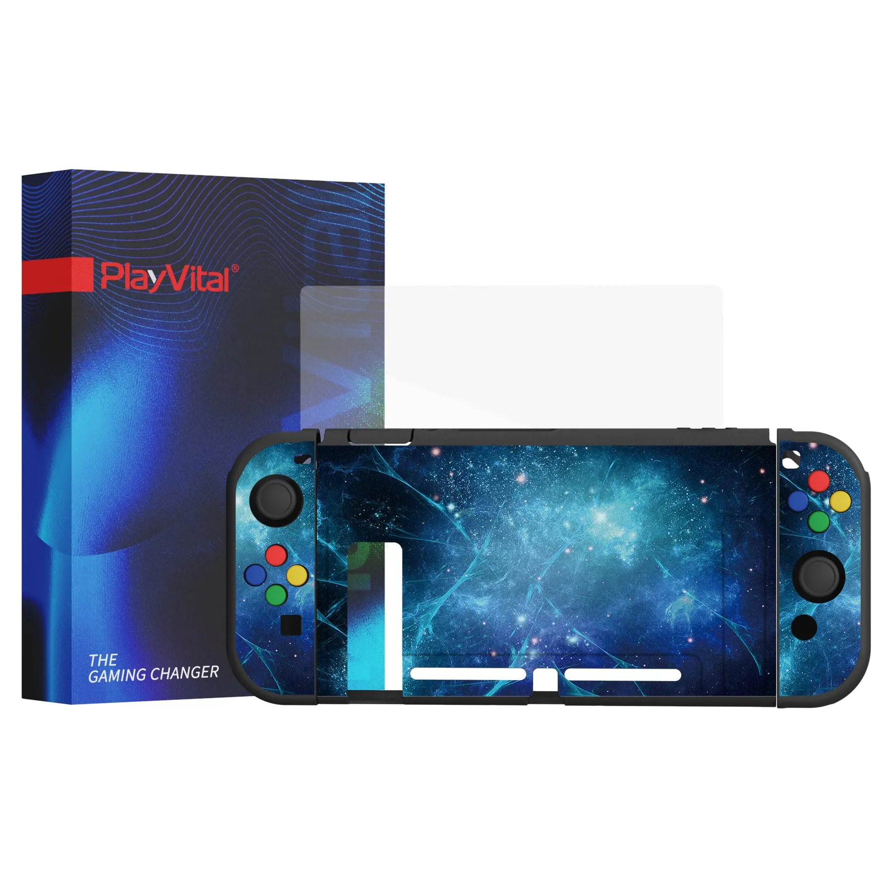 PlayVital ZealProtect Soft Protective Case for Nintendo Switch, Flexible Cover Protector for Nintendo Switch with Tempered Glass Screen Protector & Thumb Grip Caps & ABXY Direction Button Caps - Blue Nebula - RNSYV6002