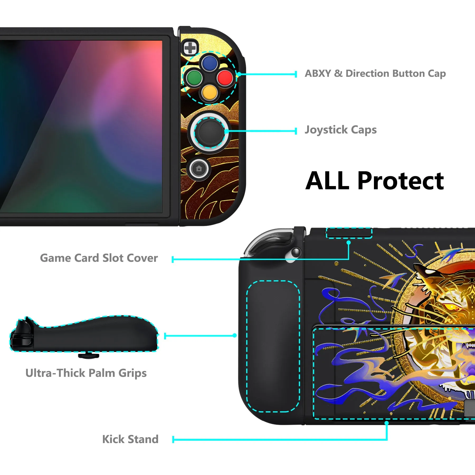 PlayVital ZealProtect Soft Protective Case for Switch OLED, Flexible Protector Joycon Grip Cover for Switch OLED with Thumb Grip Caps & ABXY Direction Button Caps - Tiger Tarot - XSOYV6033