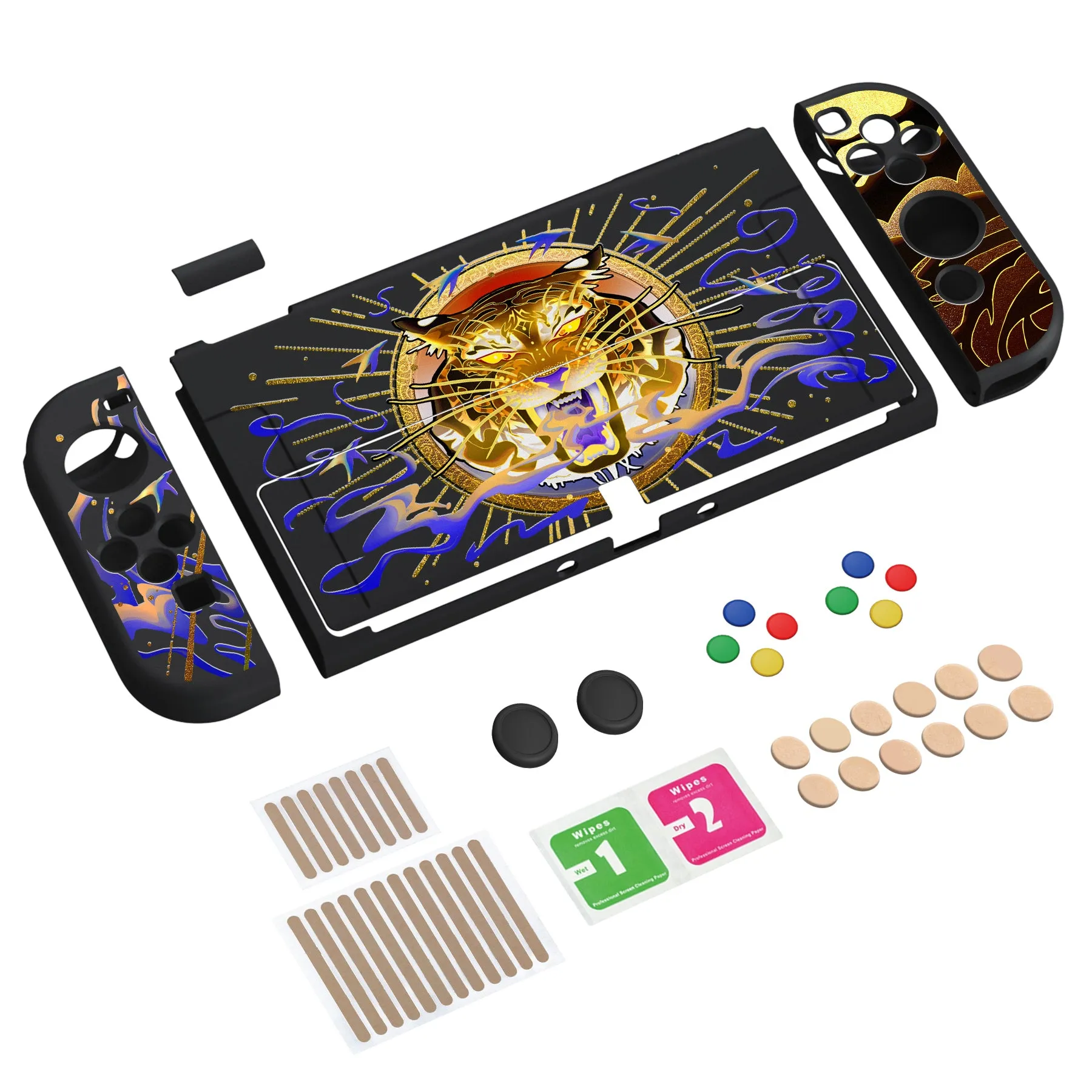 PlayVital ZealProtect Soft Protective Case for Switch OLED, Flexible Protector Joycon Grip Cover for Switch OLED with Thumb Grip Caps & ABXY Direction Button Caps - Tiger Tarot - XSOYV6033