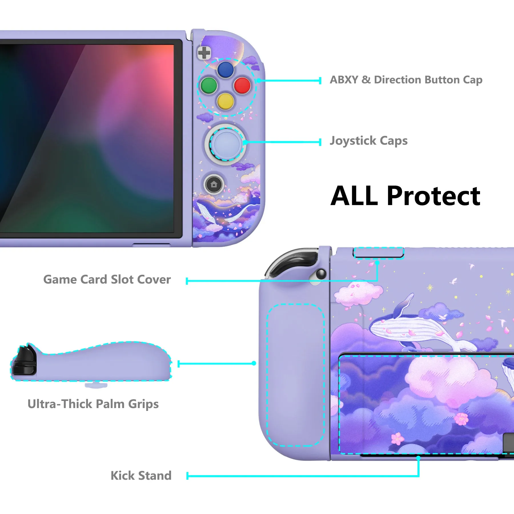 PlayVital ZealProtect Soft Protective Case for Switch OLED, Flexible Protector Joycon Grip Cover for Switch OLED with Thumb Grip Caps & ABXY Direction Button Caps - Whale in Dream - XSOYV6025