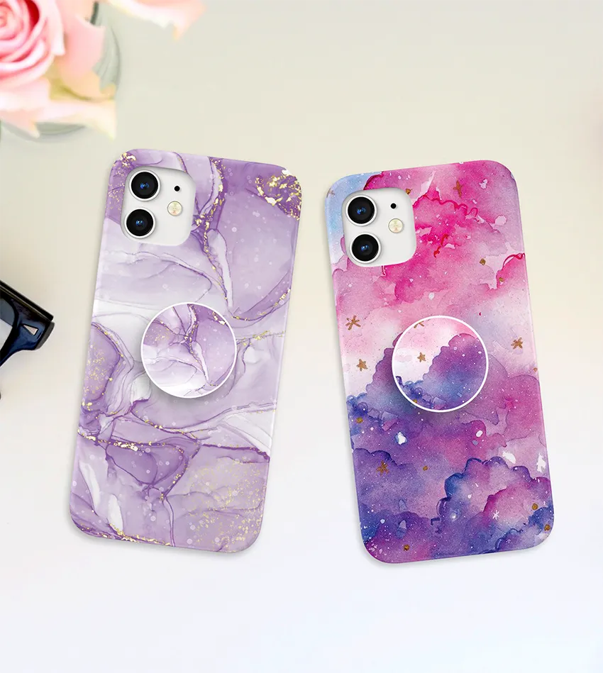 Purple Marble Slim Case Cover With Same Design Holder