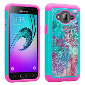 Samsung Galaxy J3 Case, J3V Case | Express Prime Case | Galaxy Sky Case | Amp Prime Case | Galaxy Sol Slim Hybrid Diamond Dual Layer[Shock/Impact Resistant] Case - Teal Flower