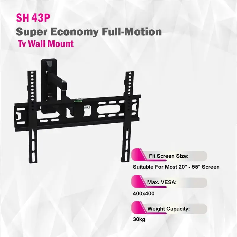 Super Economy Single Arm Full-Motion TV Wall Mount SH 43P (Fits Most 14" ~ 46" Screen, Max. VESA:	400X400mm, Capacity 40kg)