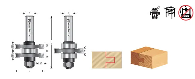 Tongue & Groove Assembly Router Bit | 3⁄8 Kerf x 1 5⁄8 Dia x 17⁄32 x 1⁄2" Shank 2 Piece Set | 55408 | 738685005408