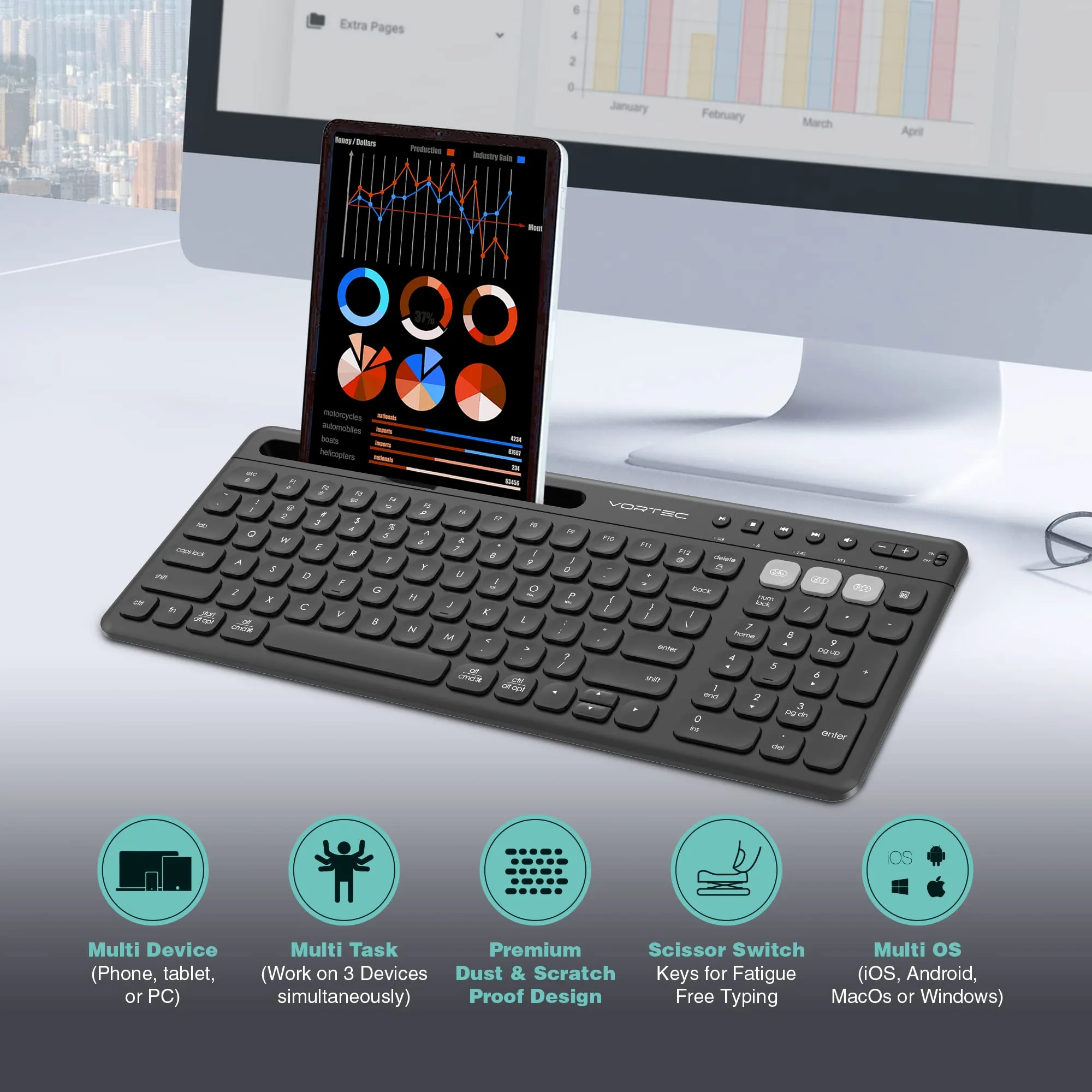 Vortec Wireless Bluetooth Keyboard Iphone Ipad Android Mac Pc Tablet Holder